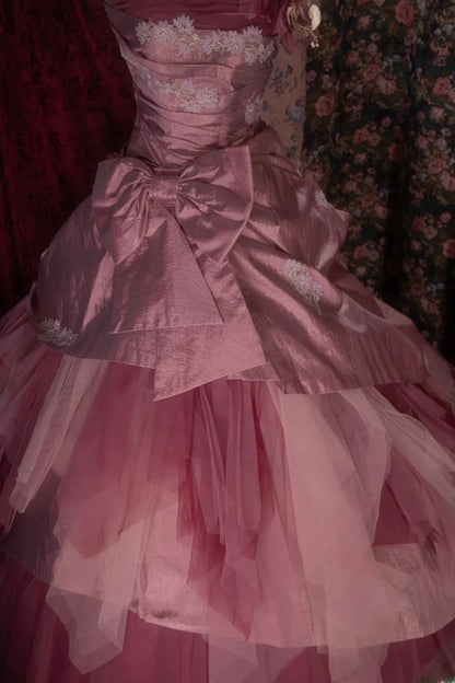 Elegant Ball Gown Strapless Pink With Lace Tulle Taffeta Long Quince Dress Quinceanera Dresses Formal Birthday Outfits RB8073