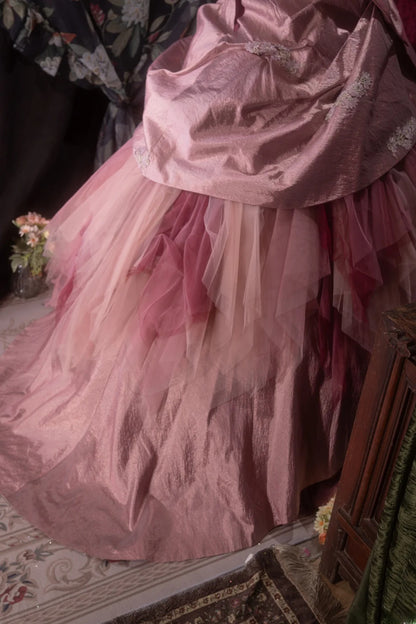 Elegant Ball Gown Strapless Pink With Lace Tulle Taffeta Long Quince Dress Quinceanera Dresses Formal Birthday Outfits RB8073