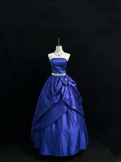 Modest Ball Gown Strapless Royal Blue Satin With Ruffled Quince Dress Voluminous Sweet 16 Sweet Sixteen Outfits Vestido de RB7422