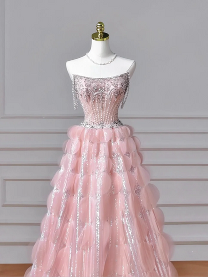 Modest Senior Prom Dresses High Schools Inspiration Ball Gown Strapless Pink With Beaded Semi Formal Grad Long Prom Dress AQ051