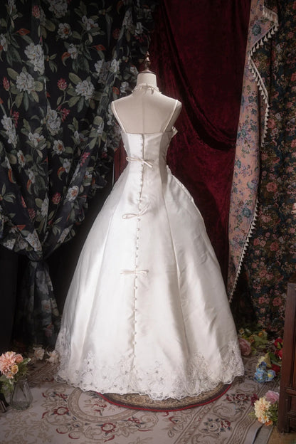 Beautiful Ball Gown Spaghetti Strap White Satin With Lace Long Autumn Brides Gown Bridal Dress Wedding Dresses RB8074