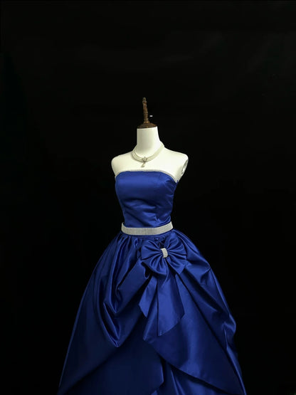 Modest Ball Gown Strapless Royal Blue Satin With Ruffled Quince Dress Voluminous Sweet 16 Sweet Sixteen Outfits Vestido de RB7422