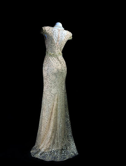 Sparkly Prom Dresses Mermaid V Neck Gold Sequin With Lace Long Evening Formal Outfits RB5858