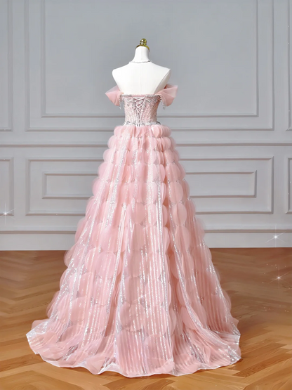 Modest Senior Prom Dresses High Schools Inspiration Ball Gown Strapless Pink With Beaded Semi Formal Grad Long Prom Dress AQ051