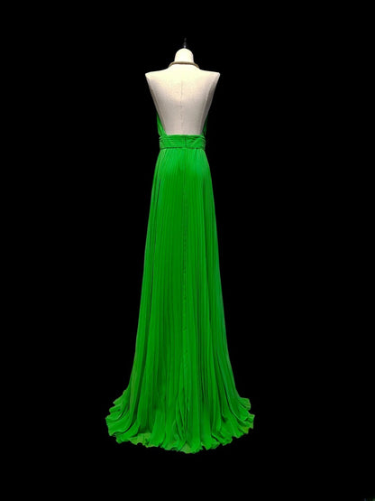 Modest A line Halter Green Chiffon Pleated Chiffon Backless Long Evening Dresses Inspo Senior Night Dance Prom Dress AS051