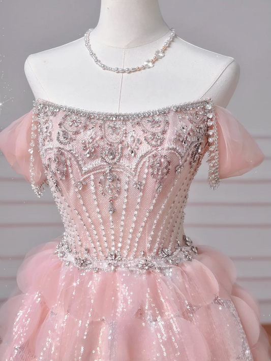 Modest Senior Prom Dresses High Schools Inspiration Ball Gown Strapless Pink With Beaded Semi Formal Grad Long Prom Dress AQ051