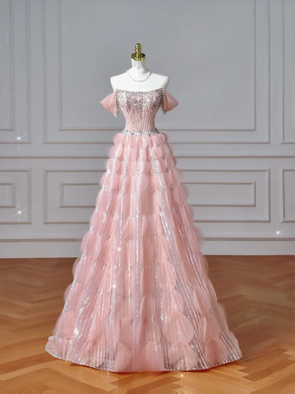 Modest Senior Prom Dresses High Schools Inspiration Ball Gown Strapless Pink With Beaded Semi Formal Grad Long Prom Dress AQ051