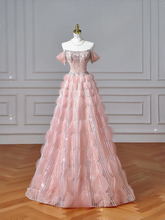 Modest Senior Prom Dresses High Schools Inspiration Ball Gown Strapless Pink With Beaded Semi Formal Grad Long Prom Dress AQ051