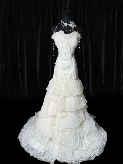 Dream Long Wedding Gowns 70s Unique Dresses Mermaid Sweetheart Bohemian Style for Bride With Lace Fitted Petite/Plus Size Bridal Dress AS051