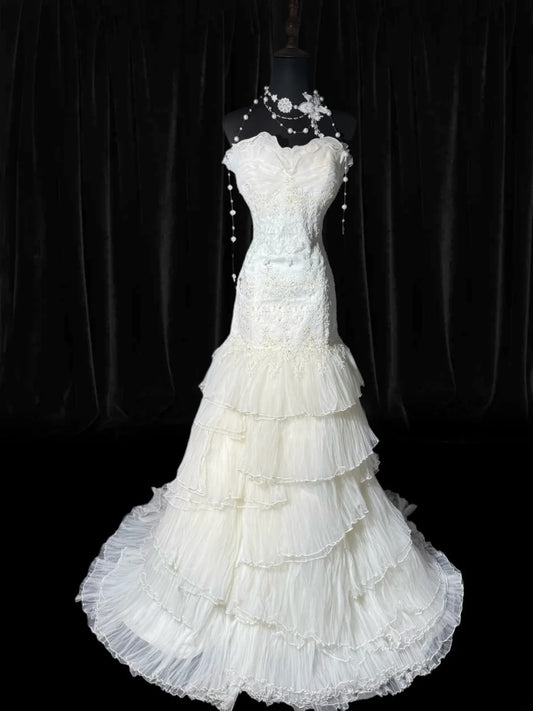 Dream Long Wedding Gowns 70s Unique Dresses Mermaid Sweetheart Bohemian Style for Bride With Lace Fitted Petite/Plus Size Bridal Dress AS051