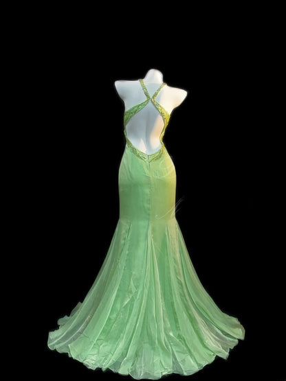 Vintage Prom Dresses Mermaid Halter Sleeveless Green Chiffon Backless Long Evening Formal Outfits RB3453