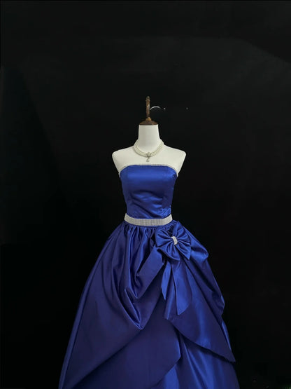Modest Ball Gown Strapless Royal Blue Satin With Ruffled Quince Dress Voluminous Sweet 16 Sweet Sixteen Outfits Vestido de RB7422