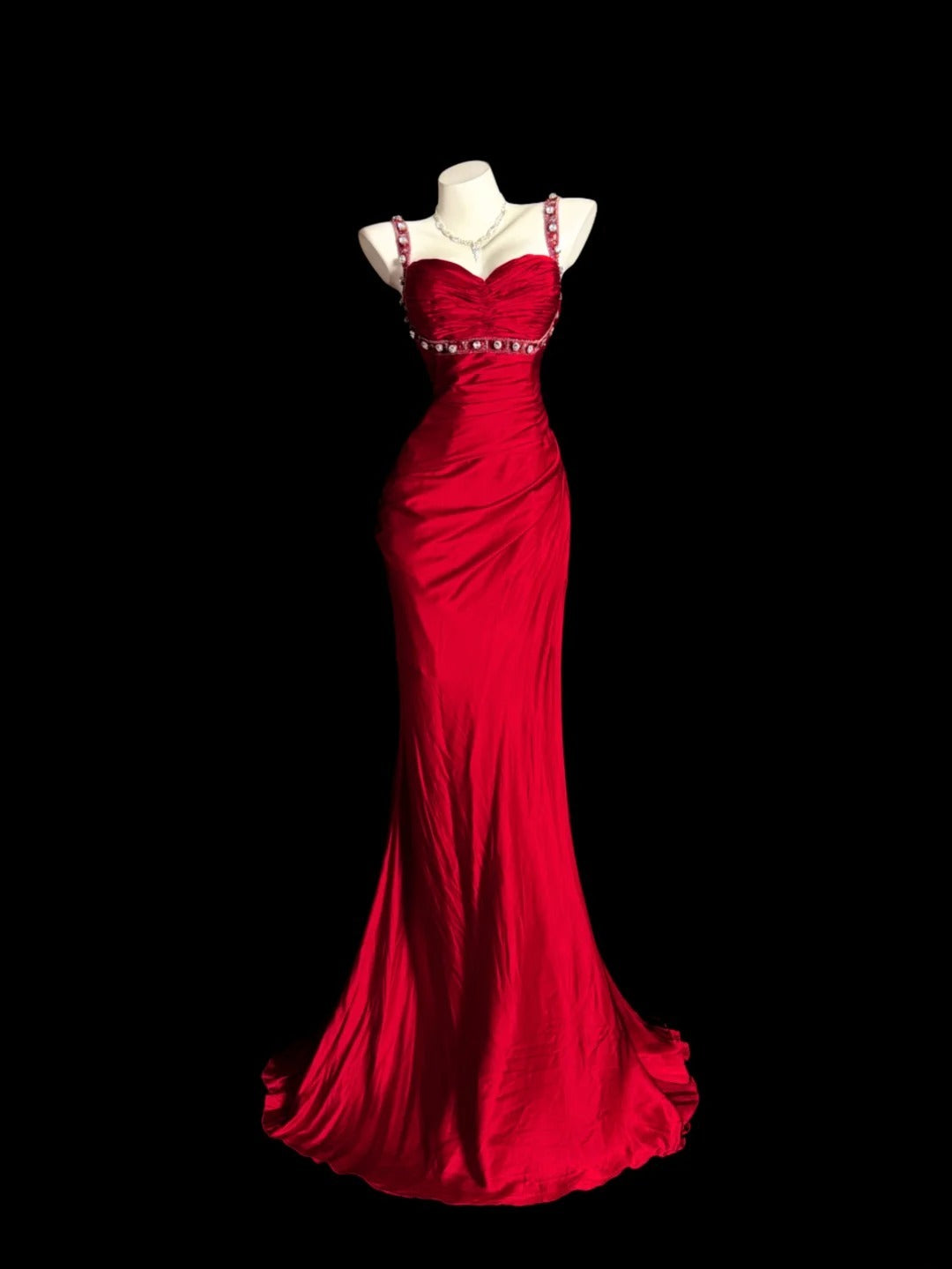 Red Prom Dress Mermaid Backless Spaghetti Straps Modest Floor Length Formal Party Gown RB9854