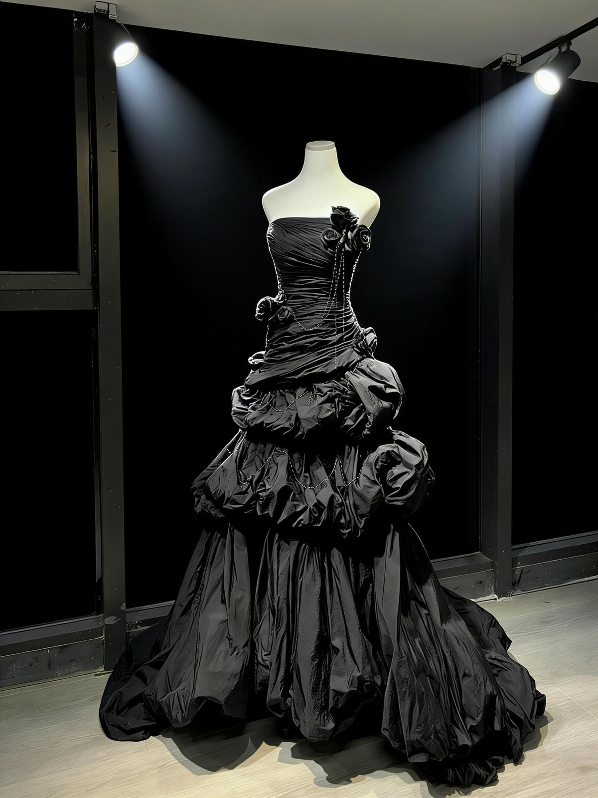 Prom Dress Mermaid Strapless BlackTaffeta Ruffled Flowers Floor Length High School Graduation Party Dresses RC1082