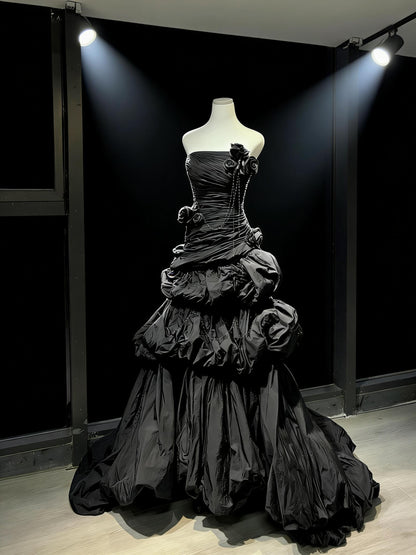 Prom Dress Mermaid Strapless BlackTaffeta Ruffled Flowers Floor Length High School Graduation Party Dresses RC1082