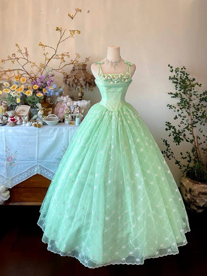 Tulle Prom Dress Long Ball Gown Spaghetti Straps Mint Green With Flowers Formal Graduation Gown RB9043