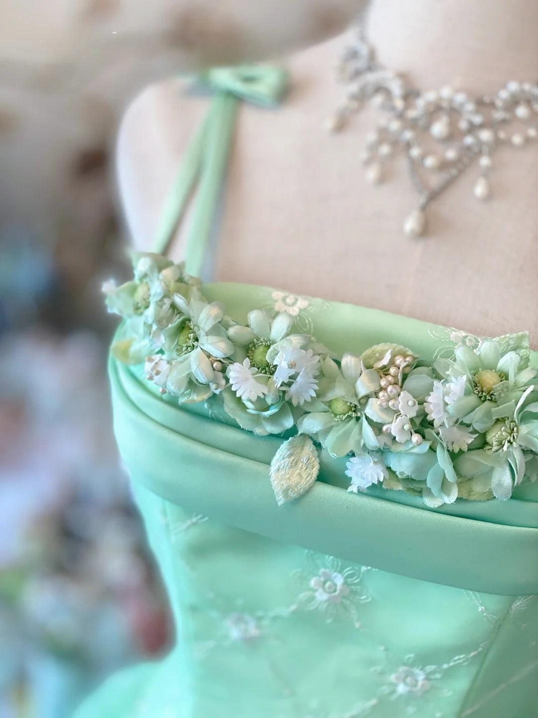 Tulle Prom Dress Long Ball Gown Spaghetti Straps Mint Green With Flowers Formal Graduation Gown RB9043