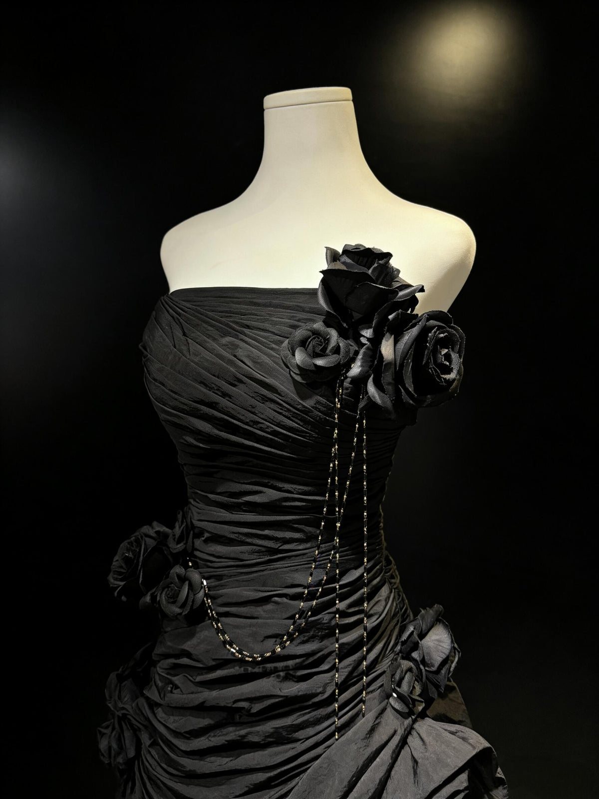 Prom Dress Mermaid Strapless BlackTaffeta Ruffled Flowers Floor Length High School Graduation Party Dresses RC1082