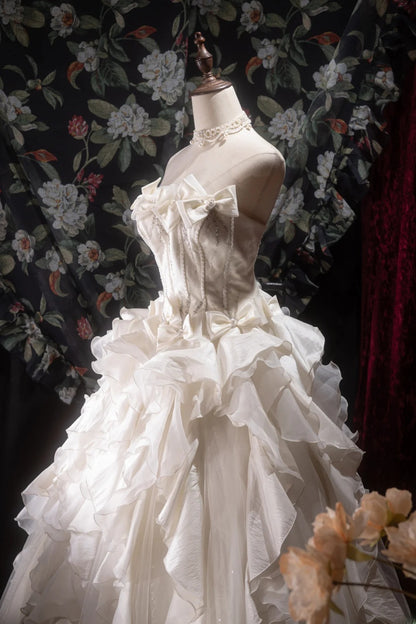 Elegant Ball Gown Strapless White Satin With Bow-knot Long Quince Dress Quinceanera Dresses Formal Birthday Outfits RB8075