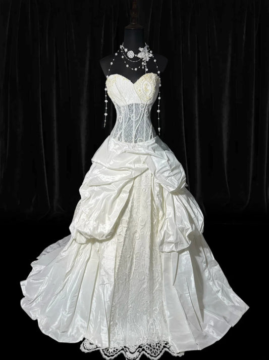 Vintage Long Wedding Gowns 1960s Dresses Ball Gown Sweetheart Style for Bride Satin With Pleated Train White Bridal Gown AS052
