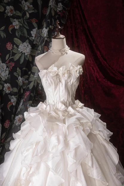Elegant Ball Gown Strapless White Satin With Bow-knot Long Quince Dress Quinceanera Dresses Formal Birthday Outfits RB8075