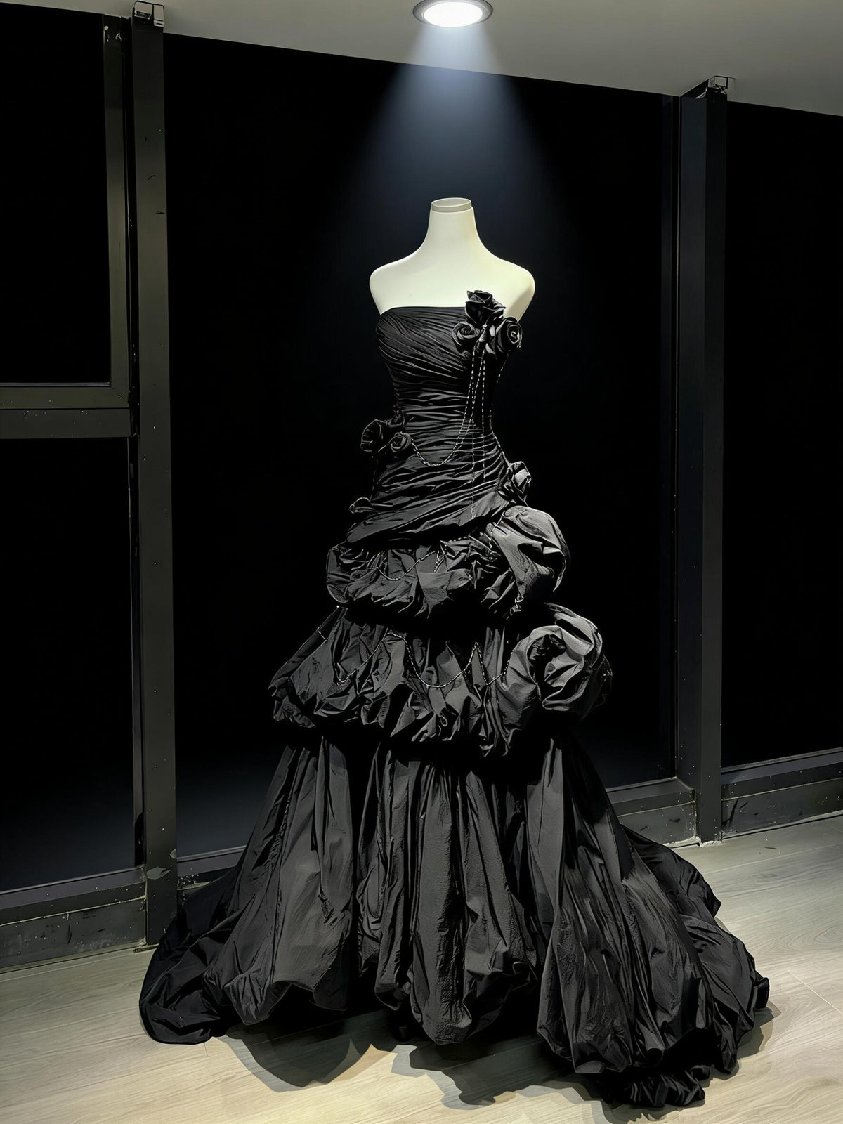 Prom Dress Mermaid Strapless BlackTaffeta Ruffled Flowers Floor Length High School Graduation Party Dresses RC1082