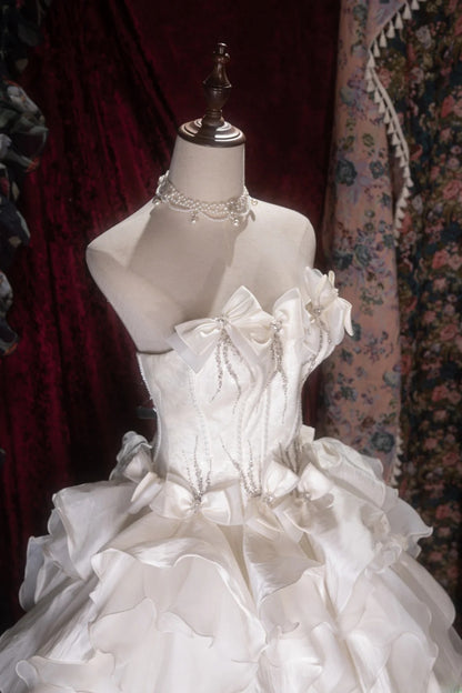 Elegant Ball Gown Strapless White Satin With Bow-knot Long Quince Dress Quinceanera Dresses Formal Birthday Outfits RB8075