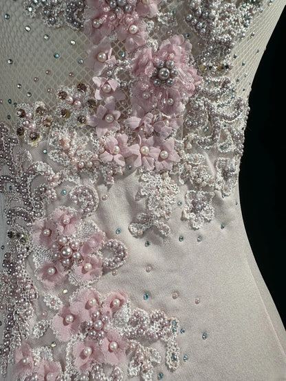 Sparkly Prom Dresses Mermaid V Neck Pink With Lace Beading Long Evening Formal Outfits RB5859