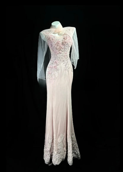 Sparkly Prom Dresses Mermaid V Neck Pink With Lace Beading Long Evening Formal Outfits RB5859