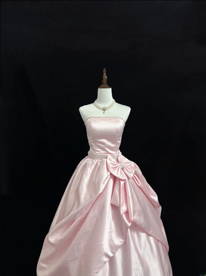 Modest Ball Gown Strapless Pink Satin With Beading Ruffled Quince Dress Voluminous Sweet 16 Sweet Sixteen Outfits Vestido de RB7424