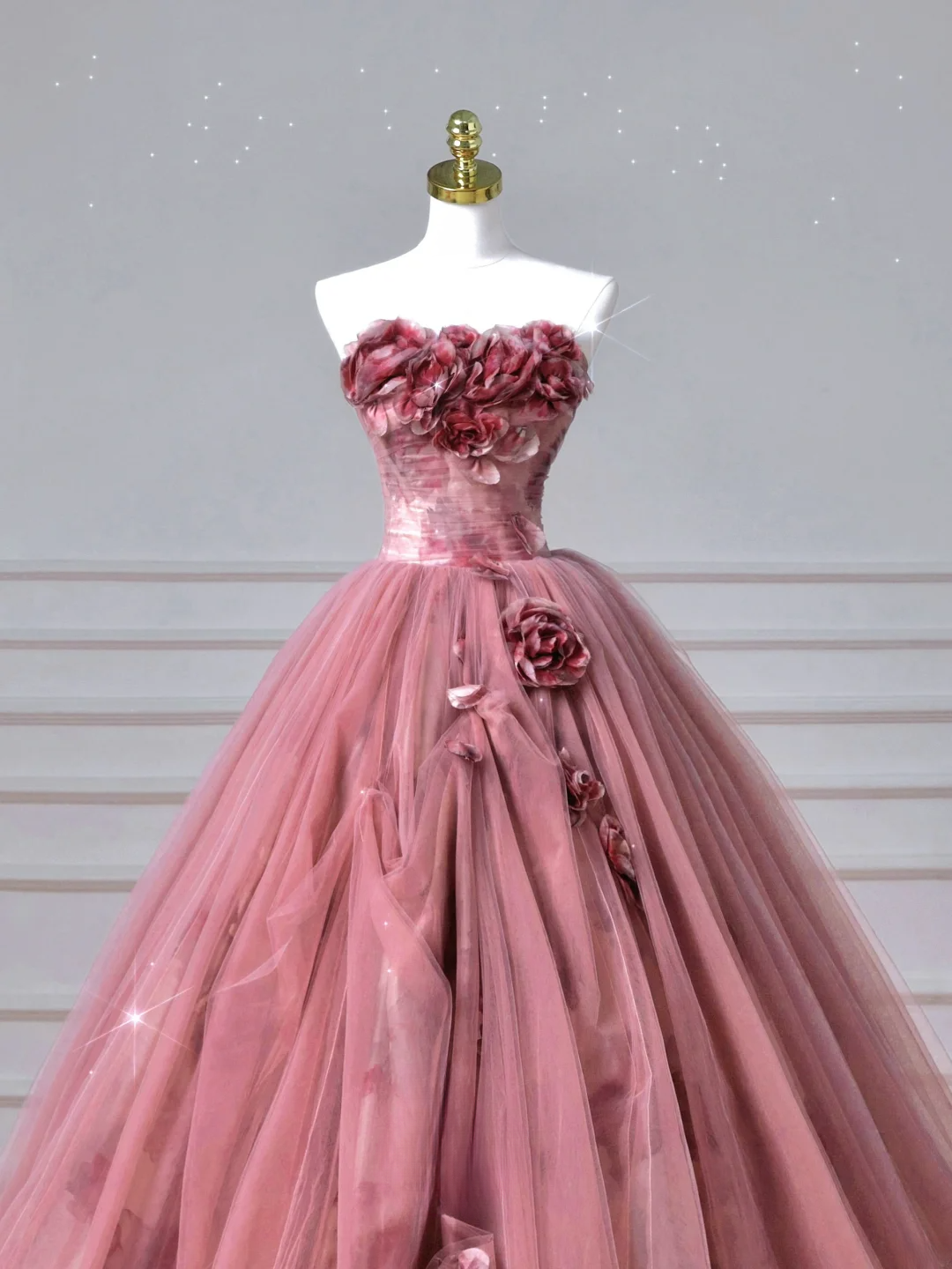 Modest Senior Prom Dresses High Schools Inspiration Ball Gown Strapless Floral Pink Semi Formal Grad Long Prom Dress AQ053