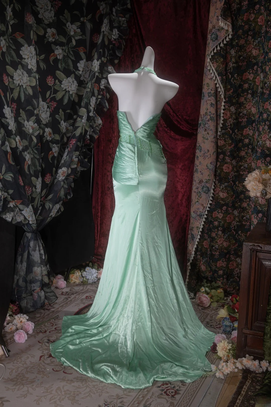 Elegant Mermaid V Neck Green Satin With Beading Long Prom Dresses Formal Outfit Evening Night Dress RB8076