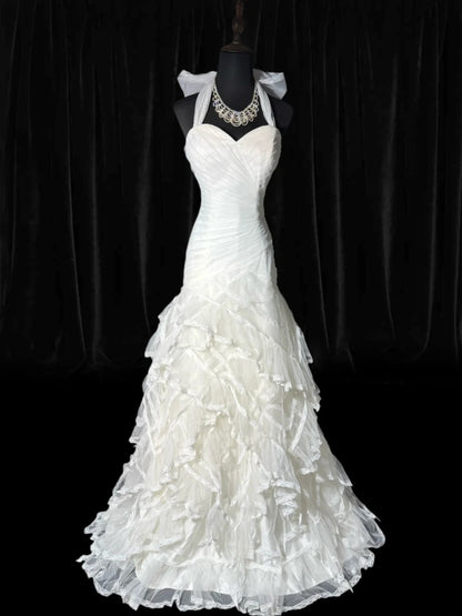 Timeless Long Wedding Gowns 70s Ideas Classy Halter Dresses Mermaid Bohemian Style for Bride With Fitted Pleated Tiered Bridal Gown AS053