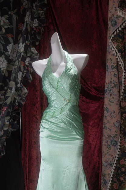 Elegant Mermaid V Neck Green Satin With Beading Long Prom Dresses Formal Outfit Evening Night Dress RB8076