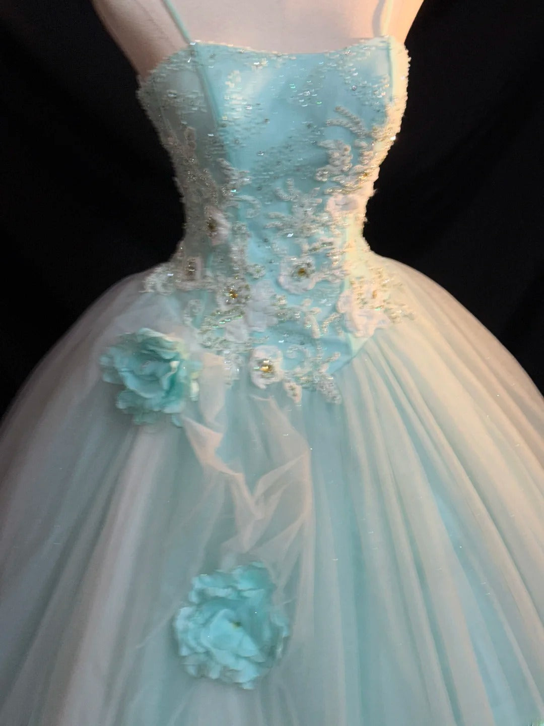 Cute Ball Gown Spaghetti Strap Light Sky Blue Tulle With Beading Long Quinceanera Dress vestido de 15 de cenicienta RB3455