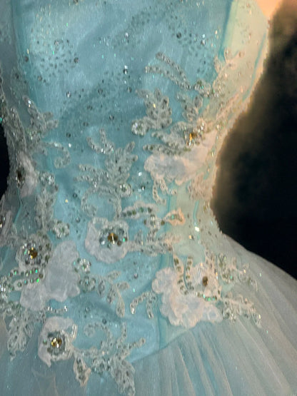 Cute Ball Gown Spaghetti Strap Light Sky Blue Tulle With Beading Long Quinceanera Dress vestido de 15 de cenicienta RB3455