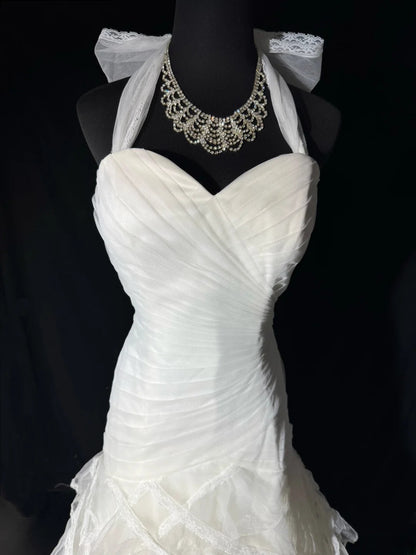 Timeless Long Wedding Gowns 70s Ideas Classy Halter Dresses Mermaid Bohemian Style for Bride With Fitted Pleated Tiered Bridal Gown AS053