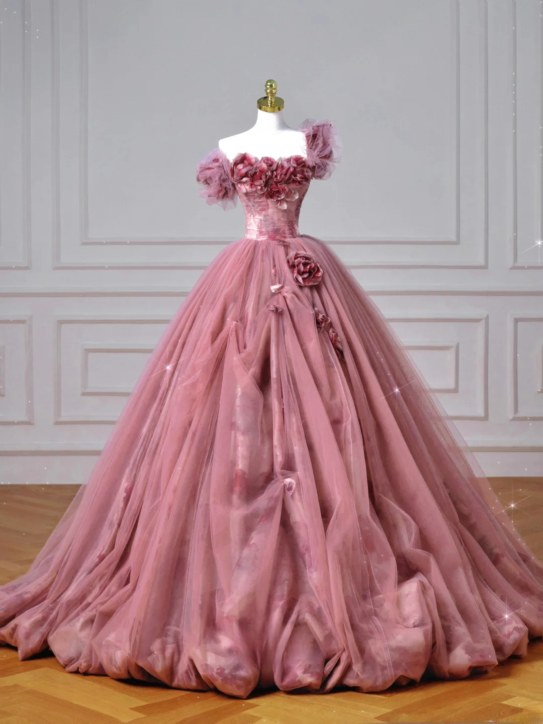 Modest Senior Prom Dresses High Schools Inspiration Ball Gown Strapless Floral Pink Semi Formal Grad Long Prom Dress AQ053