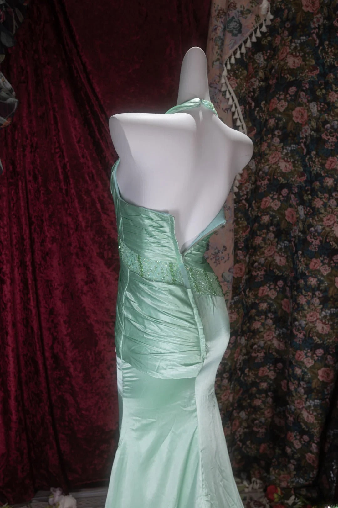 Elegant Mermaid V Neck Green Satin With Beading Long Prom Dresses Formal Outfit Evening Night Dress RB8076