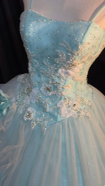 Cute Ball Gown Spaghetti Strap Light Sky Blue Tulle With Beading Long Quinceanera Dress vestido de 15 de cenicienta RB3455