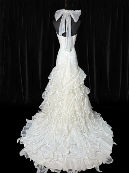 Timeless Long Wedding Gowns 70s Ideas Classy Halter Dresses Mermaid Bohemian Style for Bride With Fitted Pleated Tiered Bridal Gown AS053