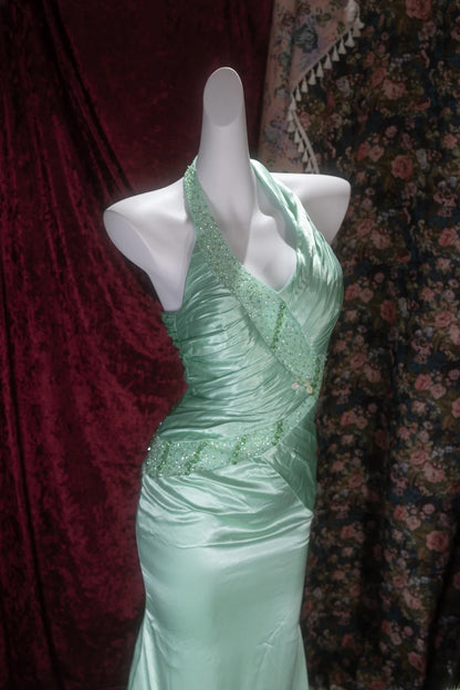 Elegant Mermaid V Neck Green Satin With Beading Long Prom Dresses Formal Outfit Evening Night Dress RB8076