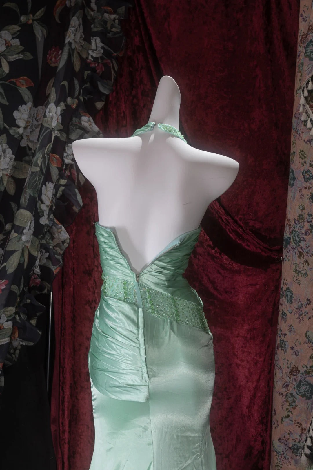 Elegant Mermaid V Neck Green Satin With Beading Long Prom Dresses Formal Outfit Evening Night Dress RB8076