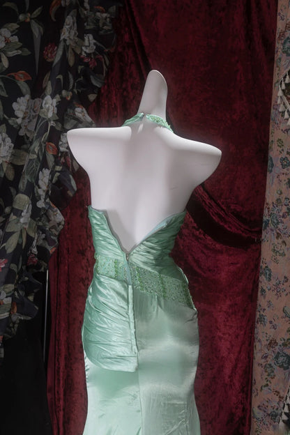 Elegant Mermaid V Neck Green Satin With Beading Long Prom Dresses Formal Outfit Evening Night Dress RB8076