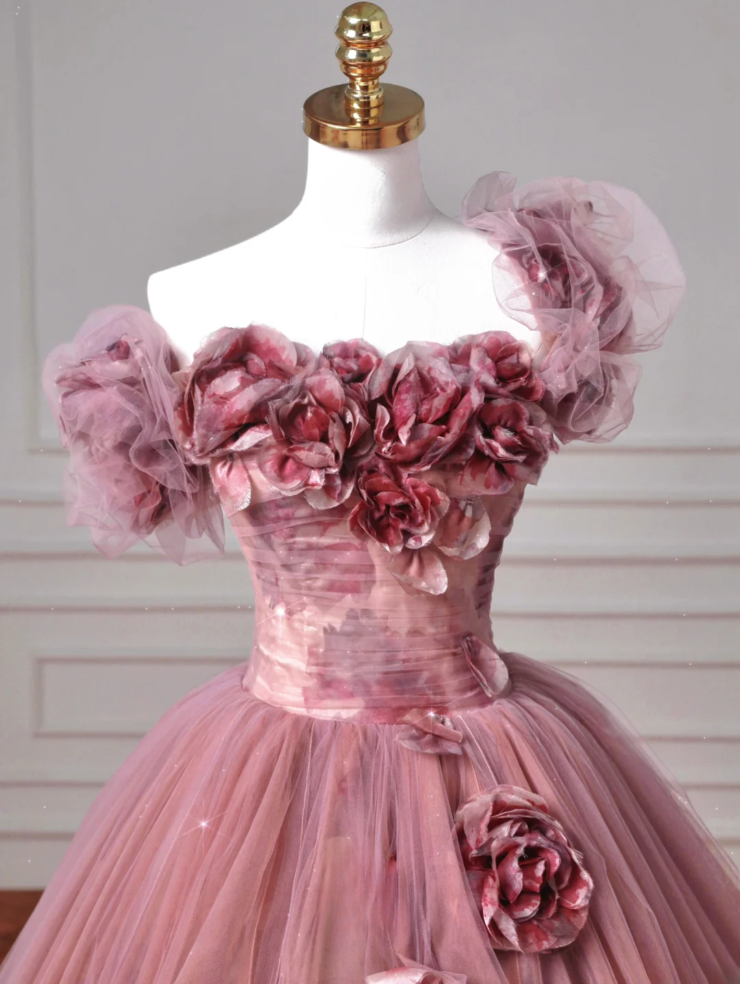Modest Senior Prom Dresses High Schools Inspiration Ball Gown Strapless Floral Pink Semi Formal Grad Long Prom Dress AQ053