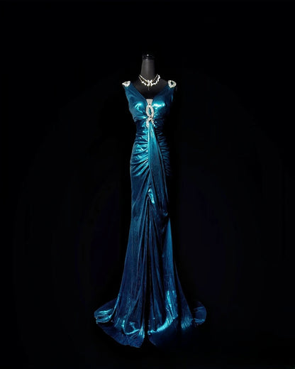 Vintage Mermaid V Neck Blue Long Prom Dress With Ruffled Formal Dress Party Dresses RB6945