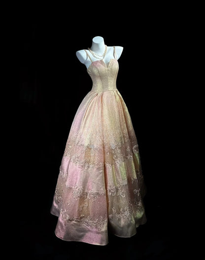 Sparkly Prom Dresses Ball Gown Spaghetti Strap Pink With Lace Beading Long Evening Formal Outfits RB5860