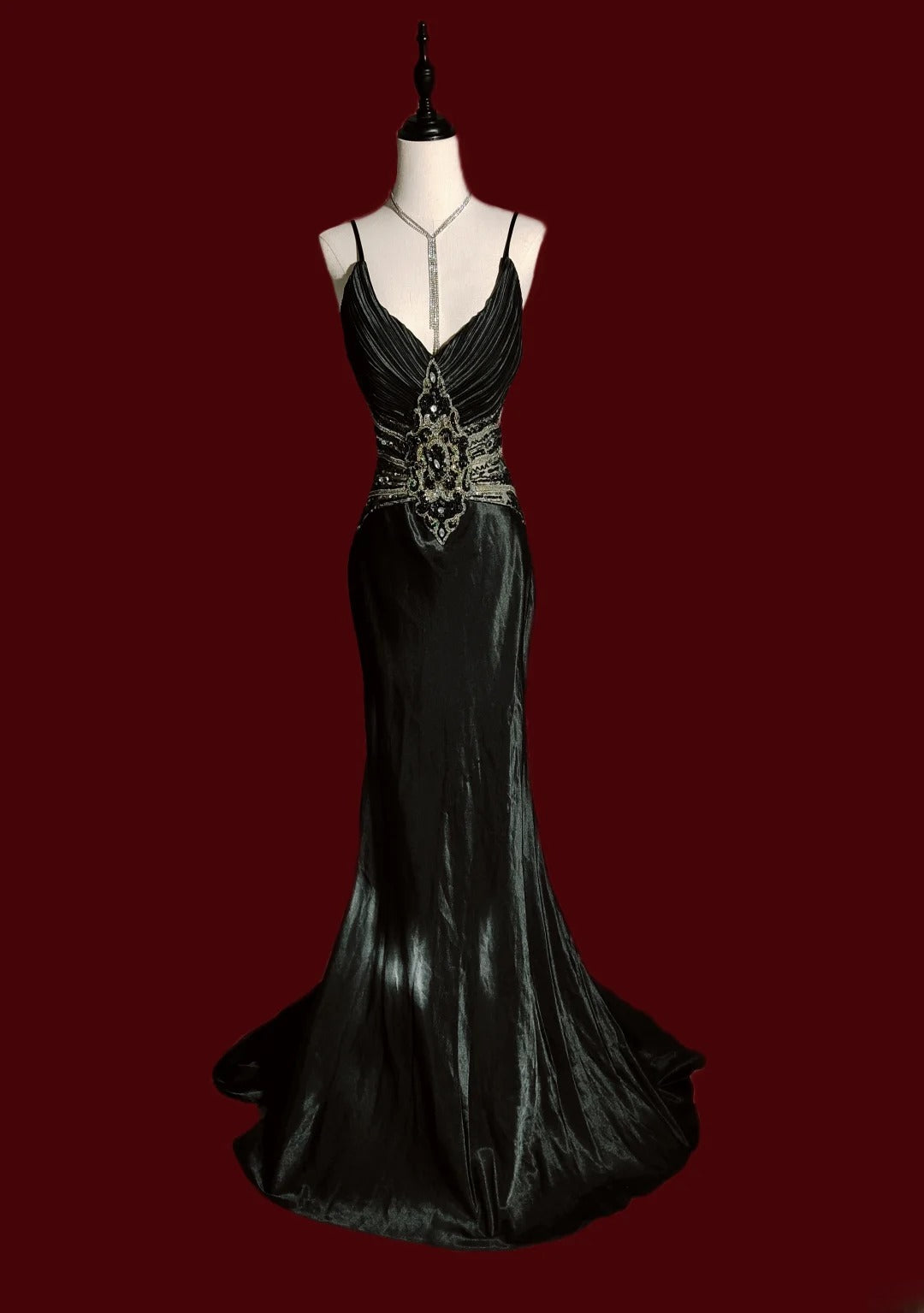 Modest Mermaid Spaghetti Strap Black Pleated Beads Long Evening Dresses Inspo Senior Night Dance Prom Dress AS054