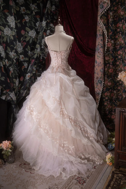 Elegant Ball Gown Spaghetti Straps Pink Tulle With Tiered Layers Long Quince Dress Quinceanera Dresses Formal Birthday Outfits RB8077
