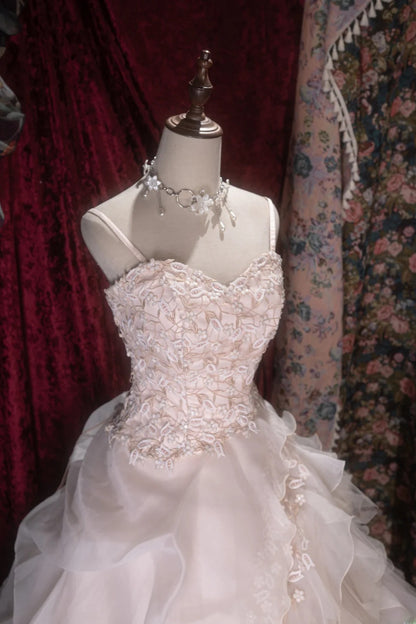 Elegant Ball Gown Spaghetti Straps Pink Tulle With Tiered Layers Long Quince Dress Quinceanera Dresses Formal Birthday Outfits RB8077